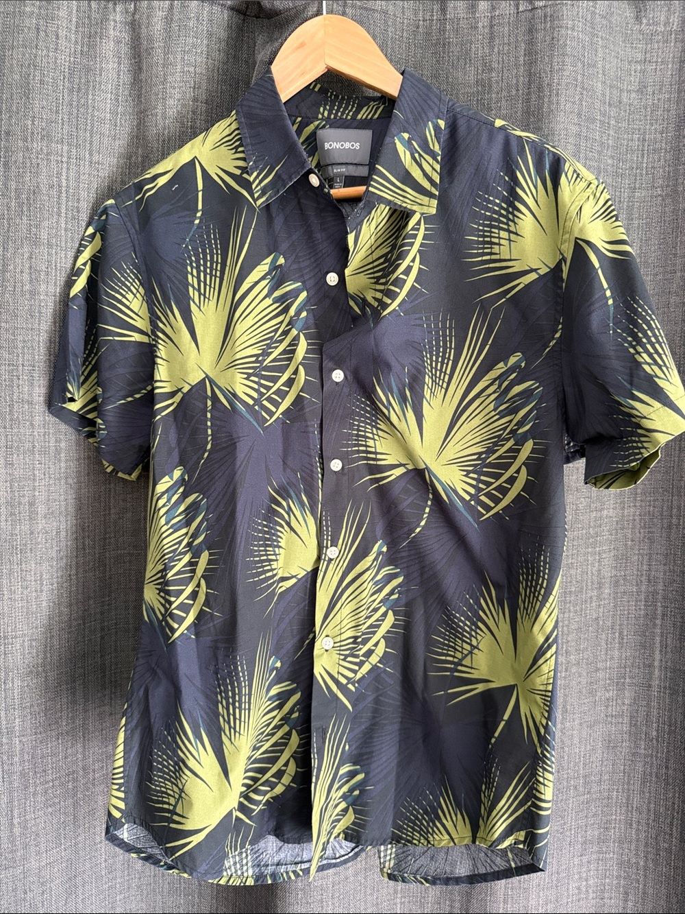 Bonobos Navy Shirt with Lime Palm Print